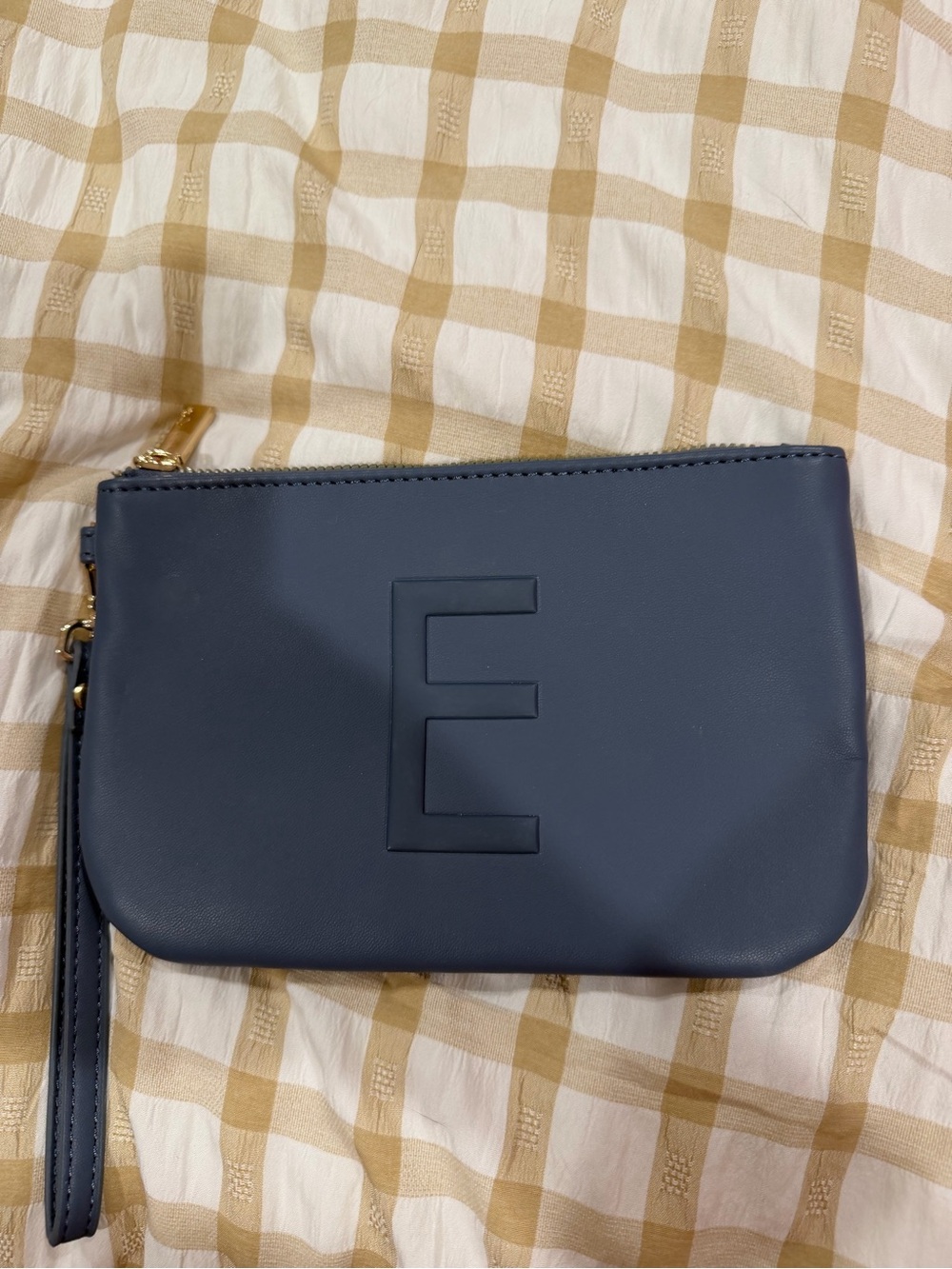 Navy Leather Wristlet Clutch with Embossed 'E'